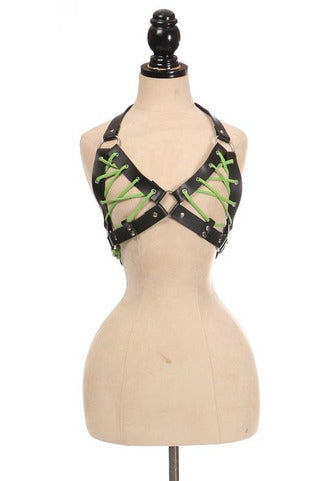 Black Faux Leather Lace-Up Bra Top - Neon Green